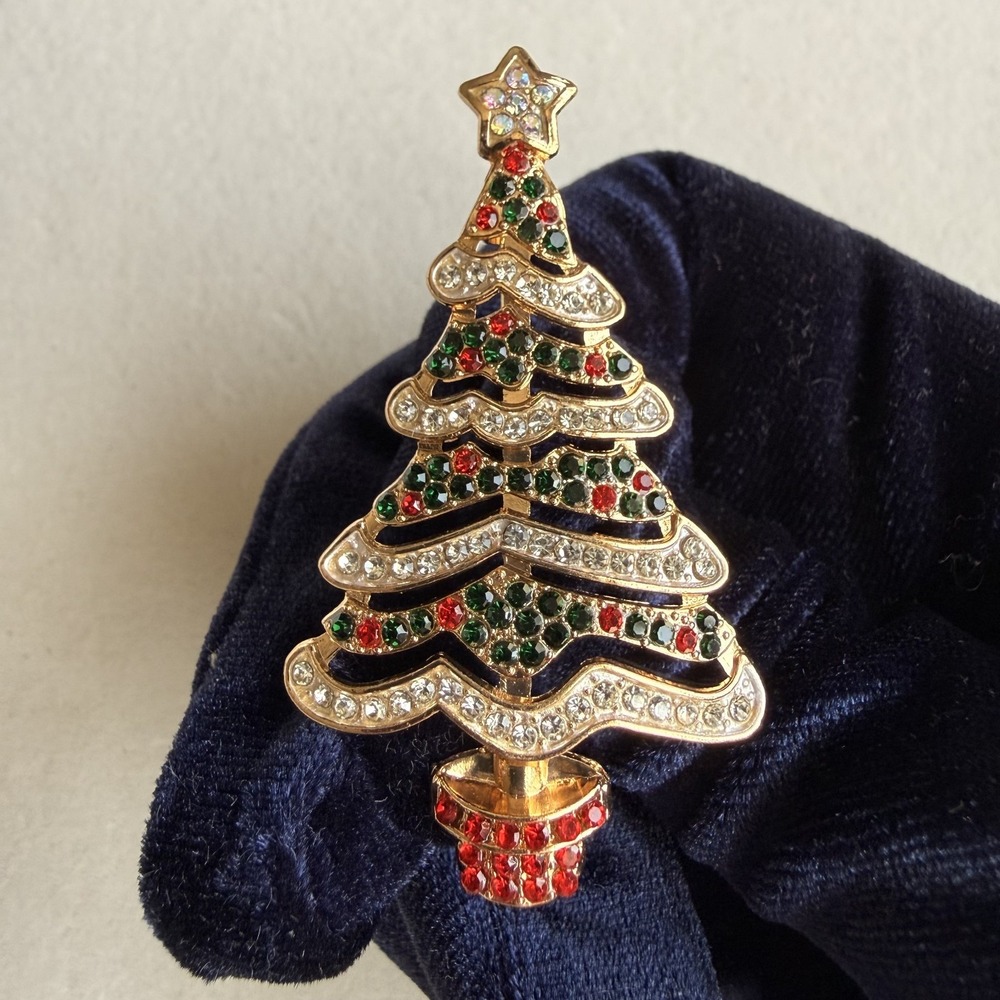 Christmas Tree Brooch Pin Red Green Rhinestone Gold Tone Holiday Jewelry Gift
